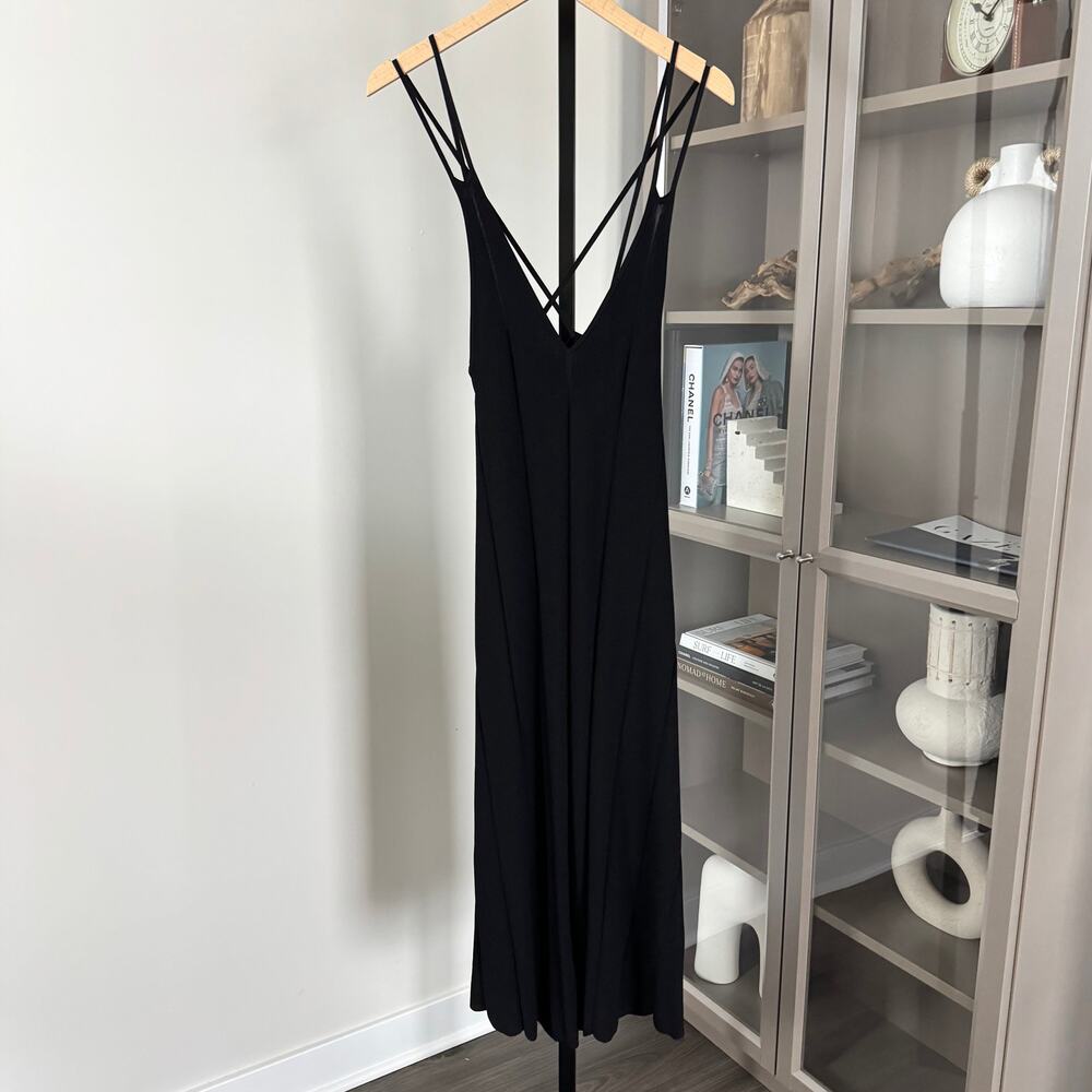 Sandro Paris A-Line Midi Dress Black V-Neck Rib-knit Paneled Strappy Size 2